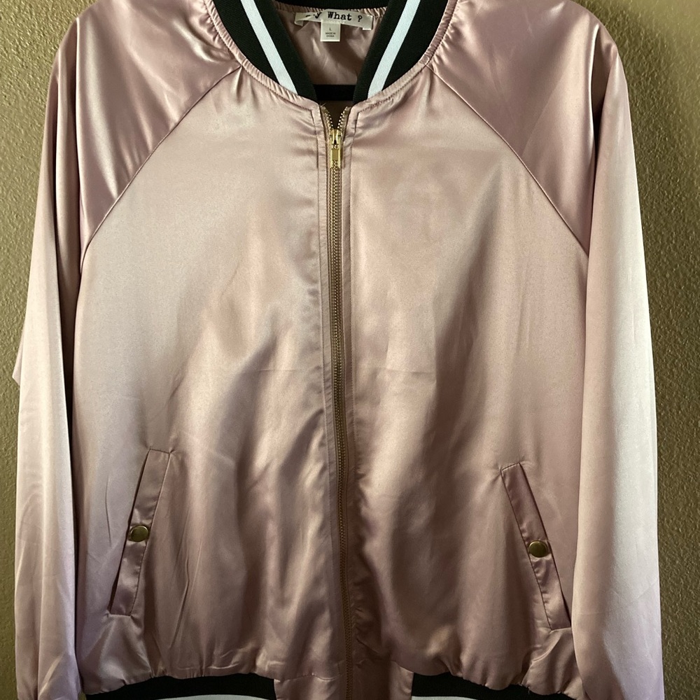 Pink satin bomber jacket with black and white stripes